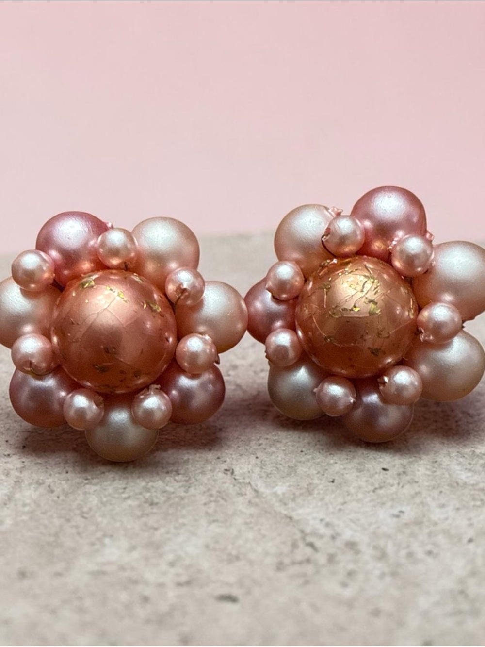 Vintage Pink Pearl Cluster Statement Earrings - 1950s Hong Kong